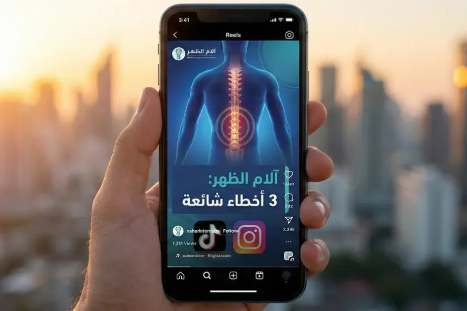 فيديو "Reel" طبي ناجح ومنتشر (Viral)، يحقق ملايين المشاهدات والتفاعلات. الخلفية الحضرية ترمز إلى وصول الرسالة الطبية لشريحة واسعة من الجمهور.