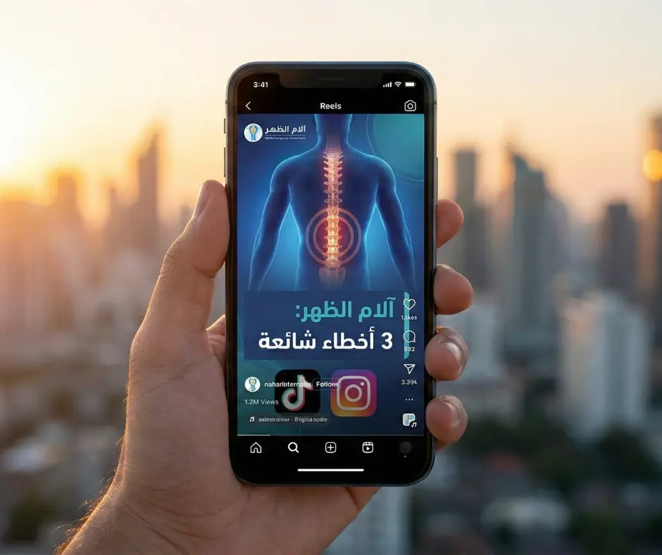 فيديو "Reel" طبي ناجح ومنتشر (Viral)، يحقق ملايين المشاهدات والتفاعلات. الخلفية الحضرية ترمز إلى وصول الرسالة الطبية لشريحة واسعة من الجمهور.