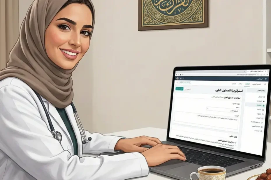صيدلانية محترفة تعمل في كتابة المحتوى الطبي من المنزل براحة باستخدام اللابتوب.
