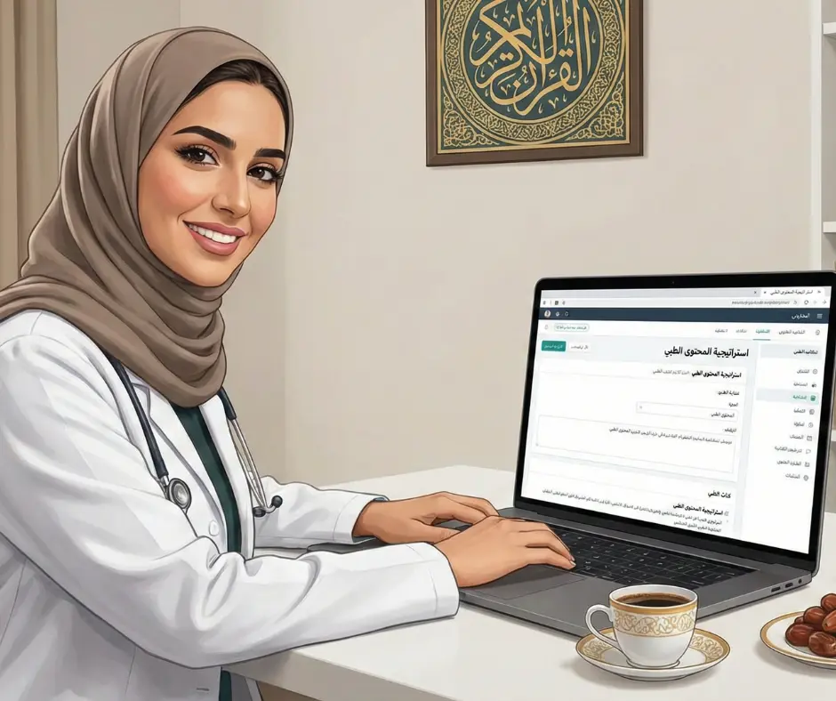 صيدلانية محترفة تعمل في كتابة المحتوى الطبي من المنزل براحة باستخدام اللابتوب.