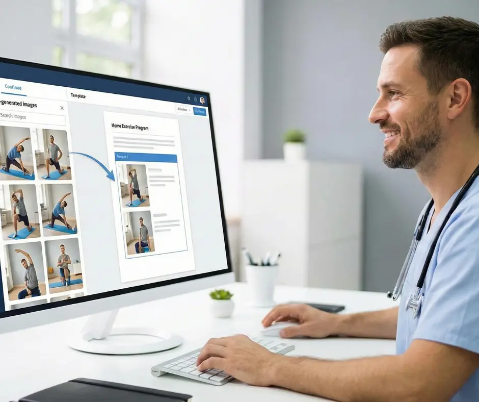 طبيب علاج طبيعي مبتسم يستخدم أدوات الذكاء الاصطناعي على الكمبيوتر لتسهيل عملية تصميم برامج علاجية مخصصة للمرضى في دقائق
