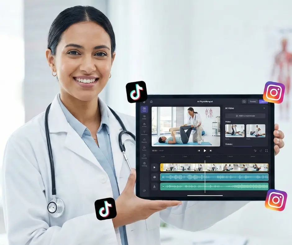 استخدام هذه الأدوات لا يتطلب خبرة تقنية معقدة. نرى طبيبة في عيادتها تستخدم جهازاً لوحياً (تابلت) بواجهة تحرير فيديو سهلة مدعومة بالذكاء الاصطناعي لإنشاء محتواها الطبي على شكل صناعة ريلز بالذكاء الاصطناعي بنفسها وبكل ثقة.