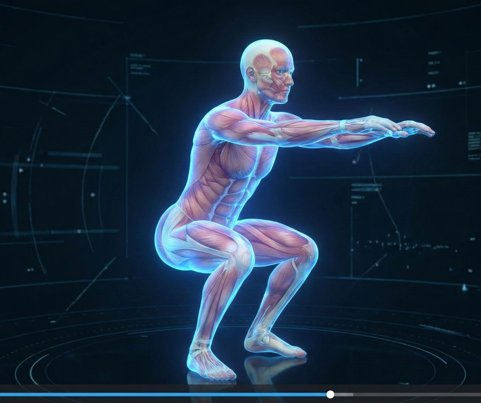 نموذج تشريحي 3D متطور يوضح عضلات الجسم أثناء أداء تمرين القرفصاء بدقة عالية كبديل للتصوير التقليدي.