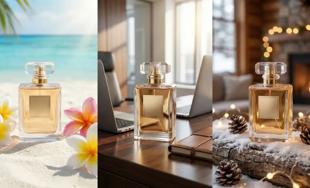 كولاج يوضح مرونة تصوير منتجات (Mockups)، حيث تظهر نفس زجاجة العطر في ثلاثة ديكورات مختلفة (شاطئ استوائي، مكتب عصري، كوخ شتوي) لاستهداف شرائح عملاء متنوعة.