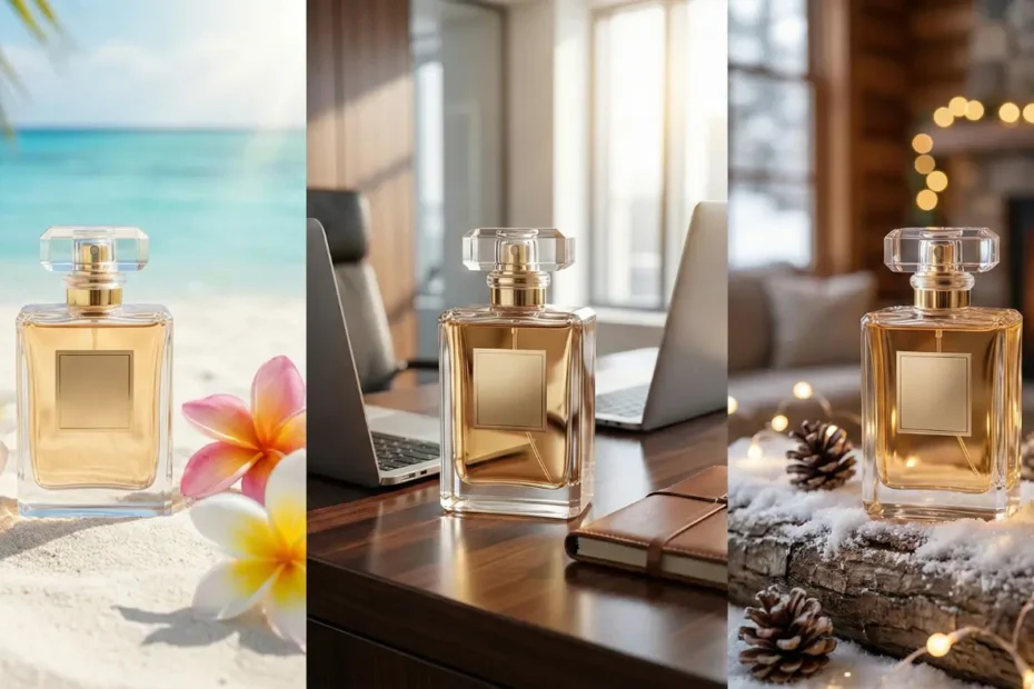 كولاج يوضح مرونة تصوير منتجات (Mockups)، حيث تظهر نفس زجاجة العطر في ثلاثة ديكورات مختلفة (شاطئ استوائي، مكتب عصري، كوخ شتوي) لاستهداف شرائح عملاء متنوعة.
