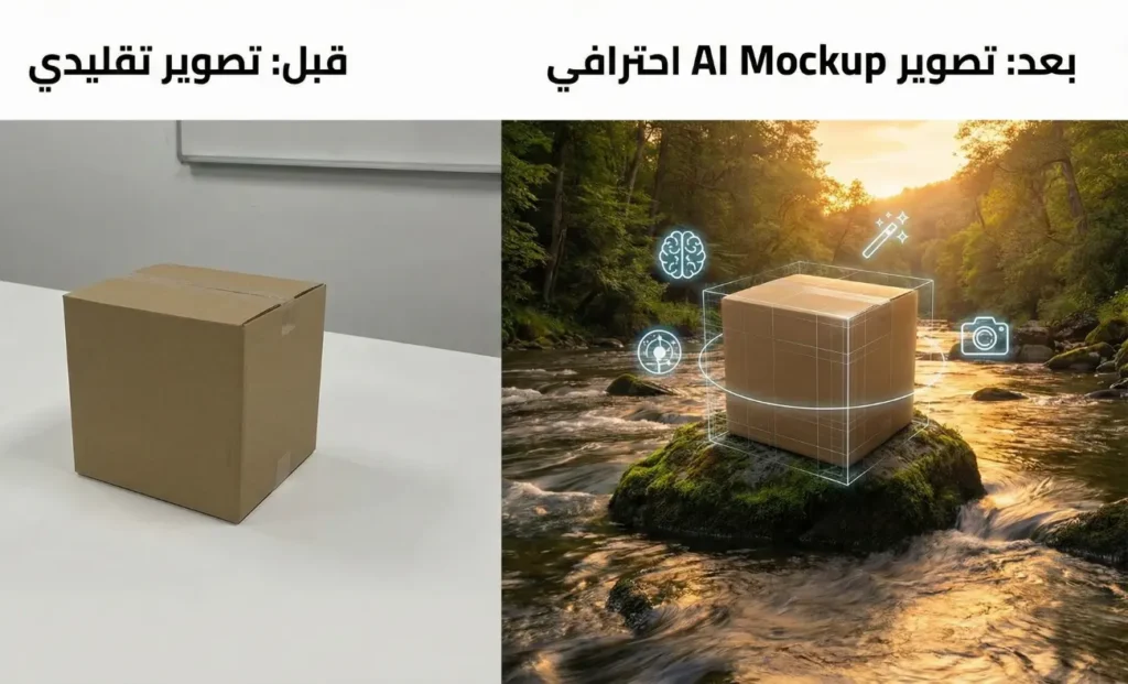 مقارنة بصرية تظهر الفرق الشاسع بين تصوير منتجات تقليدي صندوق كرتوني بسيط، وبين تحويله إلى صورة Mockup احترافية جذابة في بيئة طبيعية باستخدام الذكاء الاصطناعي.